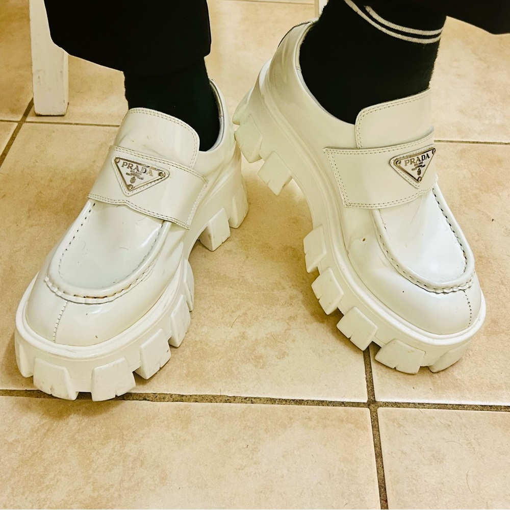 Loafers, don’t know if they are Pr@da but they are very comfy. Size 8. White